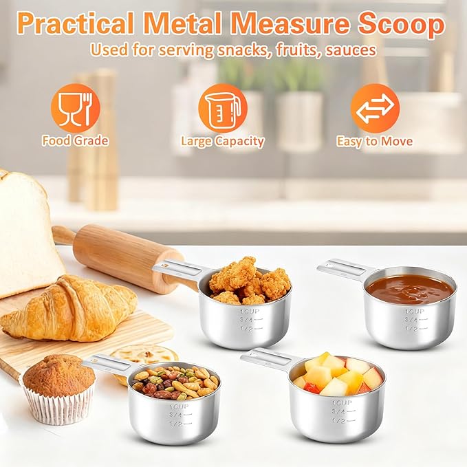 4 Pack 1 Cup Stainless Steel Measuring Cup, 250 ml | 240 cc | 8 oz Single Measuring Cups with Handle, Small Measuring Scoops Coffee Scoop for Kitchen Cooking Baking