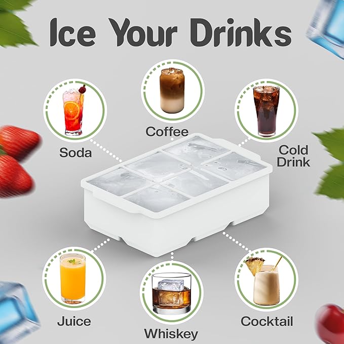 KitchFort Large Silicone Ice Cube Tray (3-Pack), Easy Release 2" Big Ice Cubes - Cocktail, Whiskey Ice Cubes Mold - Ice Trays for Freezer with Lid - Stackable Silicone Ice Tray - White