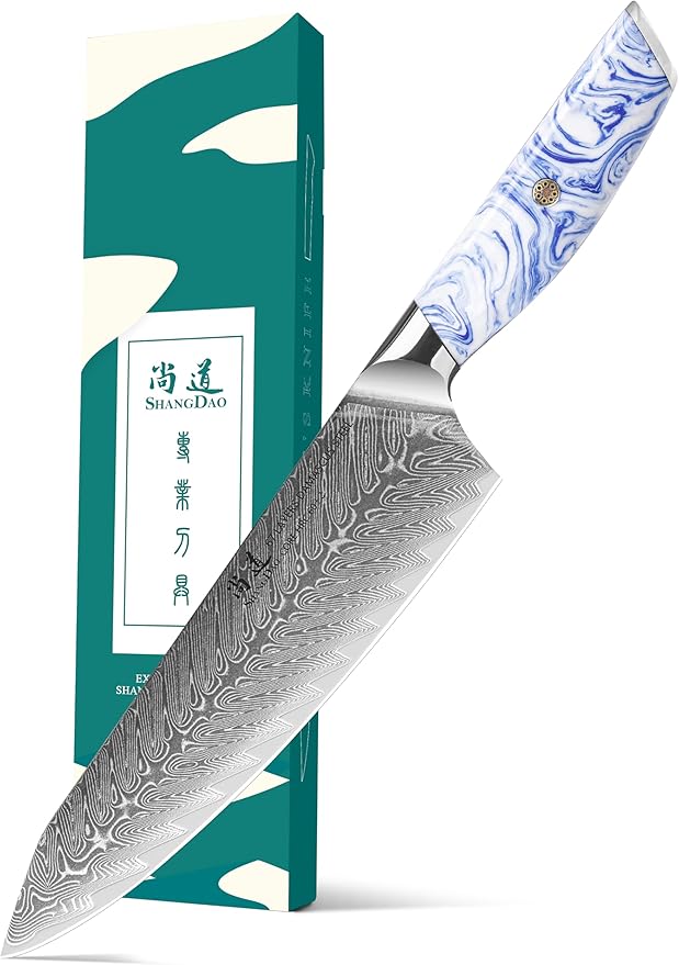 SHANGDAO Damascus Chef Knife, 8 inch Japanese chef's knives, Resin Handle kitchen knife, sharp knives kitchen Cooking Knife, chef's knives Including Gift Box