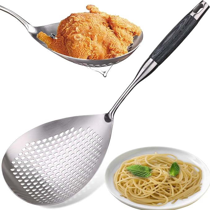 MARTE Skimmer Slotted Spoon -17in 304 Stainless Steel Pasta Spider Strainer Skimmer Ladle Spoon for Cooking and Frying - Large Kitchen Metal Scoop Colander Strainer Spoon with Black Wooden Handle