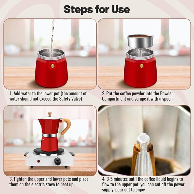 Vaolvpant 3 Cup Aluminum Moka Pot Classic Stovetop Espresso Coffee Maker 150ml 5oz Coffeemaker Percolator Mocha Pot Greca Coffee Maker Cafe Makers for Italian and Cuban Café Brewing Red