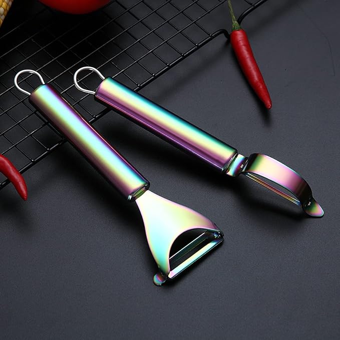 Rainbow Potato Vegetable And Fruit Peelers For Kitchen, Kyraton Titanium Colorful Plating Stainless Steel Peelers, Sharp Blade And Ergonomic Non Slip Easy To Grip Set Of 2