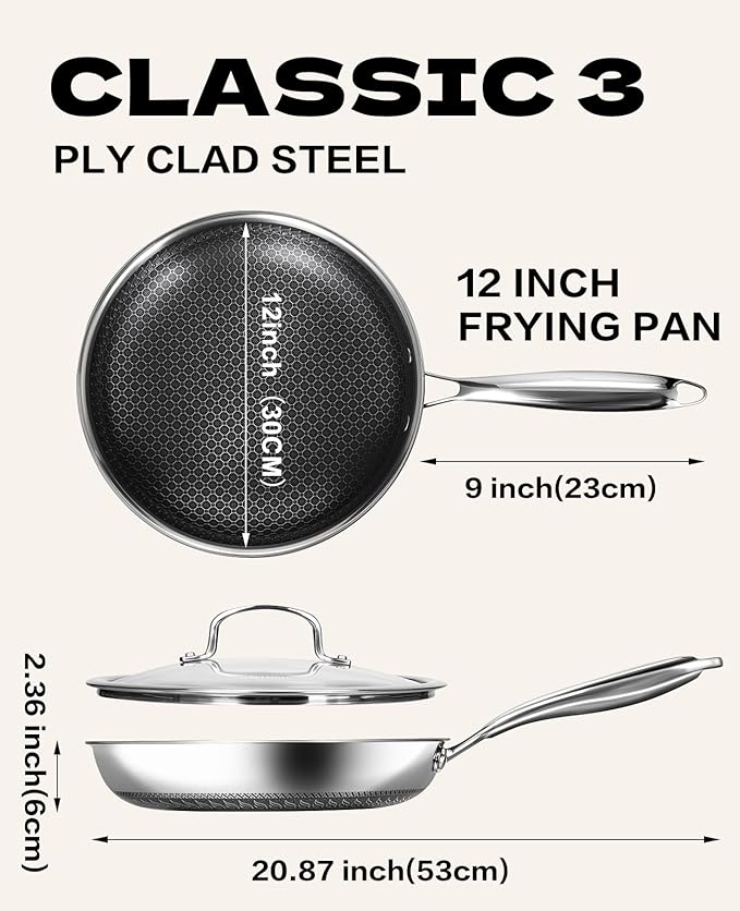 USELUCK Nonstick Frying Pans with Lid,12-Inch Stainless Steel Skillet with Honeycomb Surface,Dishwasher-Friendly,Oven-Safe,Induction Compatible,PFAS-FREE,Non-Toxic,Compatible with All Cooktops.