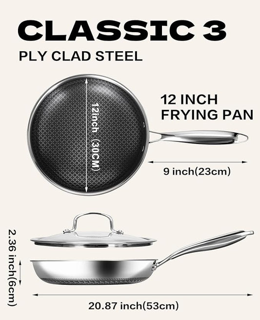 USELUCK Nonstick Frying Pans with Lid,12-Inch Stainless Steel Skillet with Honeycomb Surface,Dishwasher-Friendly,Oven-Safe,Induction Compatible,PFAS-FREE,Non-Toxic,Compatible with All Cooktops.