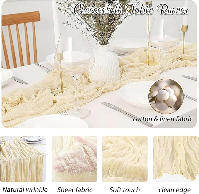 Beige Cheesecloth Table Runner 6 Pack 35" Boho Gauze Runner 120 inches Long Runner Rustic Sheer Fabric Bulk for Baby Shower Wedding Bridal Shower Birthday Thanksgiving Decorations