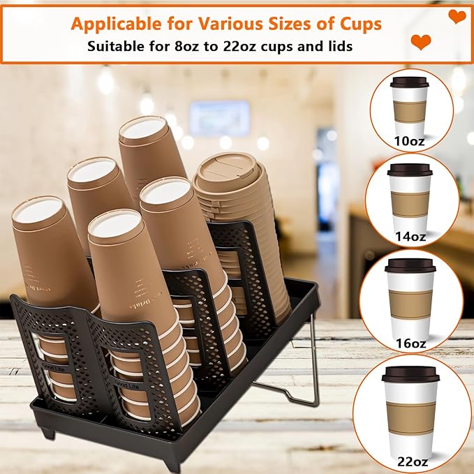 Cup and Lid Holder, Adjustable Coffee Cup Organizer 6 Compartment, Disposable Paper Cup Dispenser fits 8-22oz, Plastic Cup Storage Rack for Coffee Station Bar Countertop Breakroom, Station