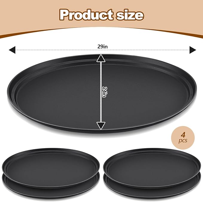 4 Pcs Restaurant Serving Trays PP Plastic Non Slip Rubber Lined Large Oval Tray for Kitchen Dining Room Cafeterias Fast Food Service (24 x 29 Inch,Black)