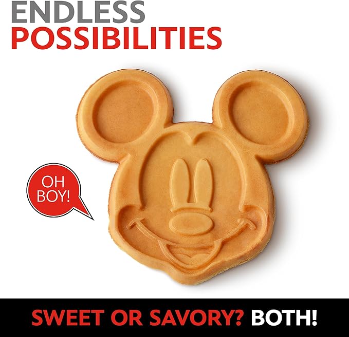 Disney Mickey Mouse 7" Round Waffle Maker by Select Brands - Premium Mickey Mouse Kitchen Appliance with Ceramic Nonstick Coating - Disney Kitchen Appliances - 7" Mickey Character Waffles