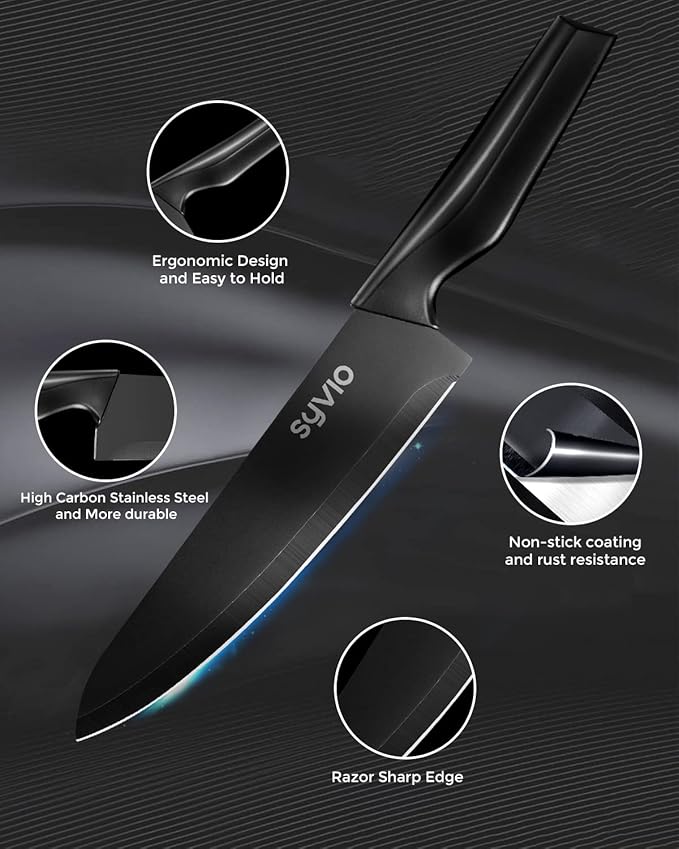 syvio Block Knife Set, 15 Pcs Kitchen Knife Set with Block and Sharpener, with Heavy Poultry Shears and 6pcs Serrated Steak Knives Razor-Sharp, Stainless Steel, Lightweight, Anti-Slip Handle