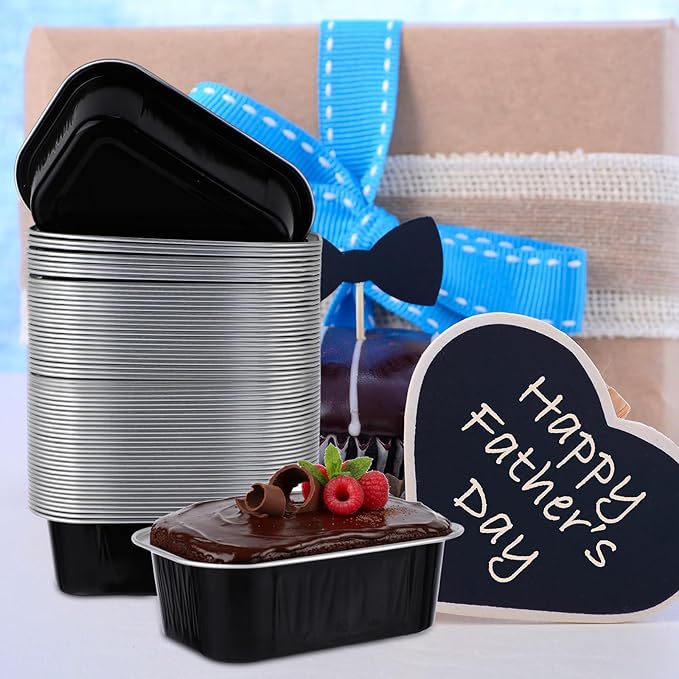Vesici 100 Sets Mini Loaf Pans with Lids, 5.7 oz Disposable Aluminum Foil Baking Cups, Rectangle Cake Pans for Pudding Desserts Muffin Baking Storage Valentines Wedding Birthday Party(Black Silver)