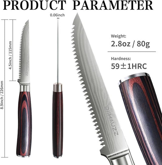 Steak Knives Set of 6, Serrated Steak Knife Set 4.5 Inch, Ultra Sharp Forged High Carbon Stainless Steel Dinner Knife with Ergonomic Pakkawood Handle, Damascus Pattern and Gift Box