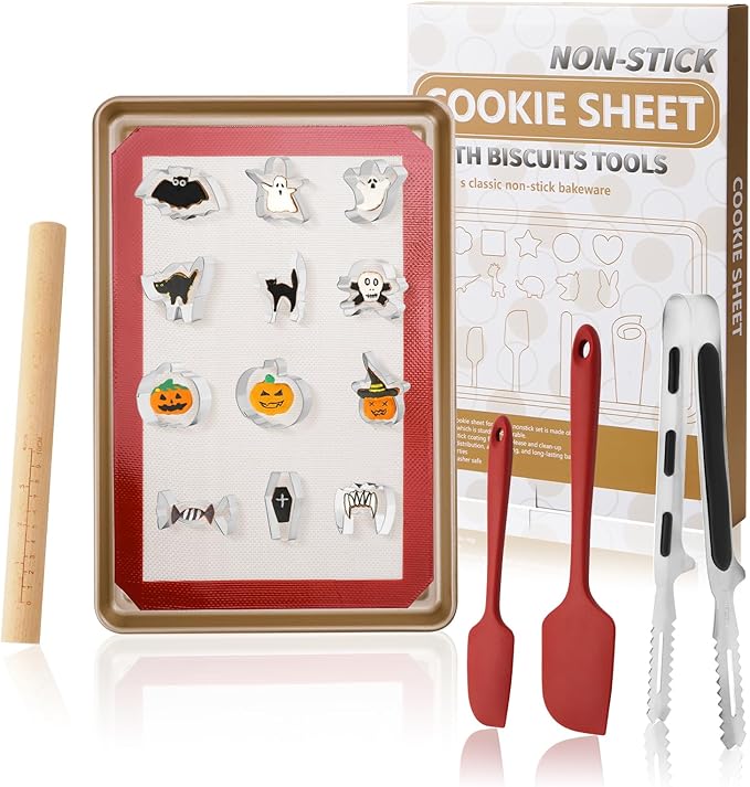 Cookie Cutters Set, 18-Piece Nonstick Baking Pans Set, Complete Cake Baking Set with Baking Pan Baking Mat Rolling Pin Spatula Clamp (Halloween)