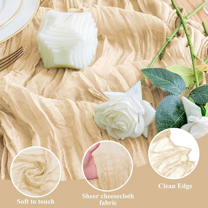 Wokceer Cheesecloth Table Runner Sand 10FT Boho Gauze Christmas Cheese Cloth Table Runner for Party Easter Rustic Sheer Table Runners for Baby Bridal Shower Wedding Table Decor