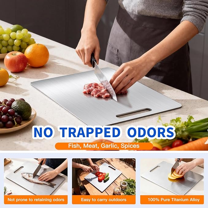 Titanium Cutting Board Set of 1, 11 * 8inches,Titanium Cutting Boards for Kitchen, Food Grade Metal Double Sided Chopping Boards for Kitchen Counter Meat Vegetable Fruit Outdoor Camping