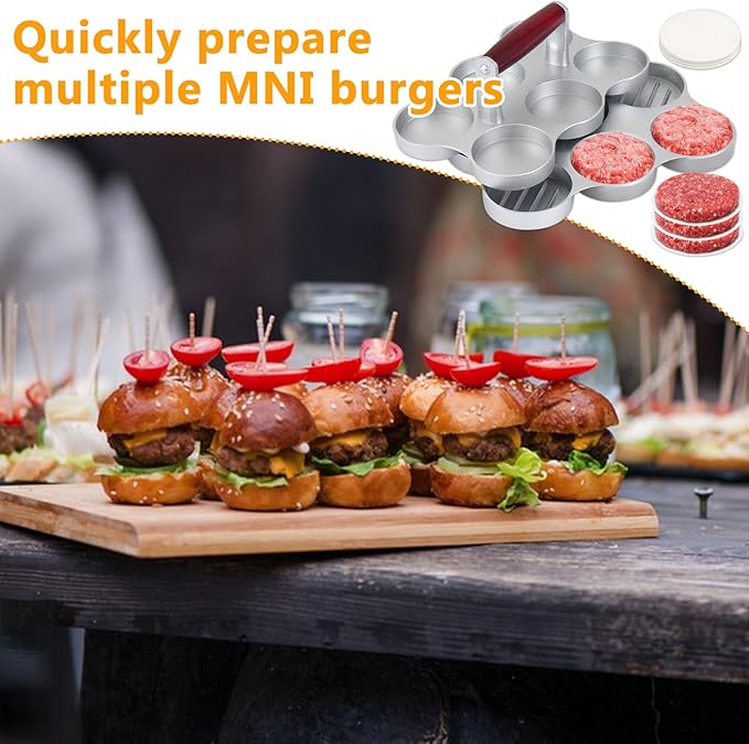 Mini Burger Press Small Meat Patty Maker with 300 Patty Papers Round Shape Press Patty Maker for Mini Hamburger, Barbecue, Picnic, Camping, Six 2.64-inch Slots