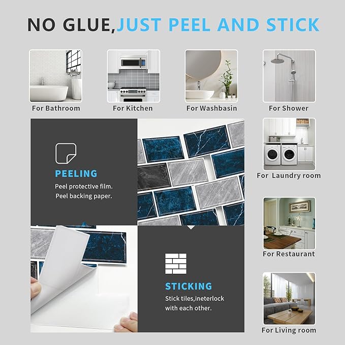 URCOLOR 10-Sheet Backsplash Tile for Kitchen Peel and Stick,12"x12" Self Adhesive Wall Tiles Stick on Back Splashes for Bathroom Blue Marble Look