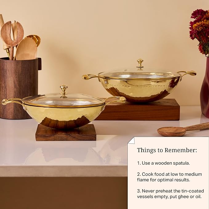 P-TAL Brass Kadhai 3L with Insulated Heat-Resistant Handle and Glass Lid | 100% Pure Brass Tin Coated Kadai for Cooking | Non-Stick and Chemical-Free (Free 30ml Copper & Brass Cleaning Solution)