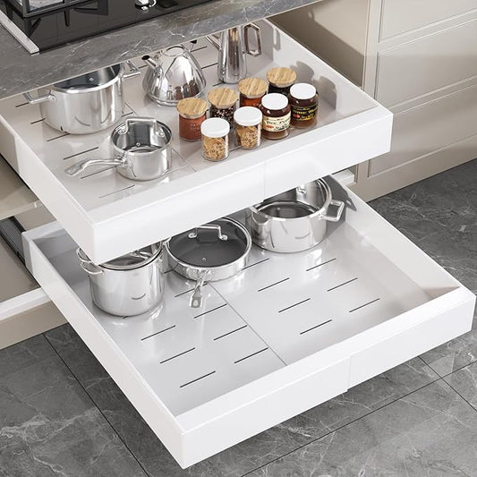 1 Pack Pull Out Cabinet Organizer 22" Deep,Full Extension 3 Slide Rails Slide Out Drawers With Raising Pad for Framed Cabinets,Expandable Width (12.3"-20.5"),No Drill Roll Out shelf,White