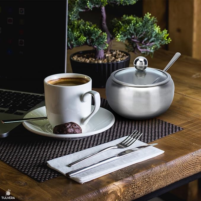 Sugar Bowl with Lid and Spoon | 12oz Sugar Container for Coffee Bar | Stainless Steel Holder Jar for Salt, Tea, Candy, Sugar Cube, Brown Sugar, Ghee | Kitchen Countertop Storage Accessories | 350ml