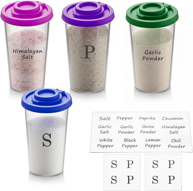 Plastic Salt and Pepper Shakers Set with 4 Color Lids & 20 Labels – Clear Spice Jars, Reusable, Refillable Seasoning Containers for Kitchen, Cooking, Baking – Easy Storage & Organization
