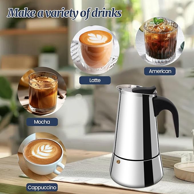 Supvision 6 Cup Moka Pot Stainless Steel 300ml Italian Espresso Coffee Maker Stovetop CoffeeMakers Mocha Pot Percolator for Induction Stove Classic Cafe Makers Portable for Easy Brewing Tummy