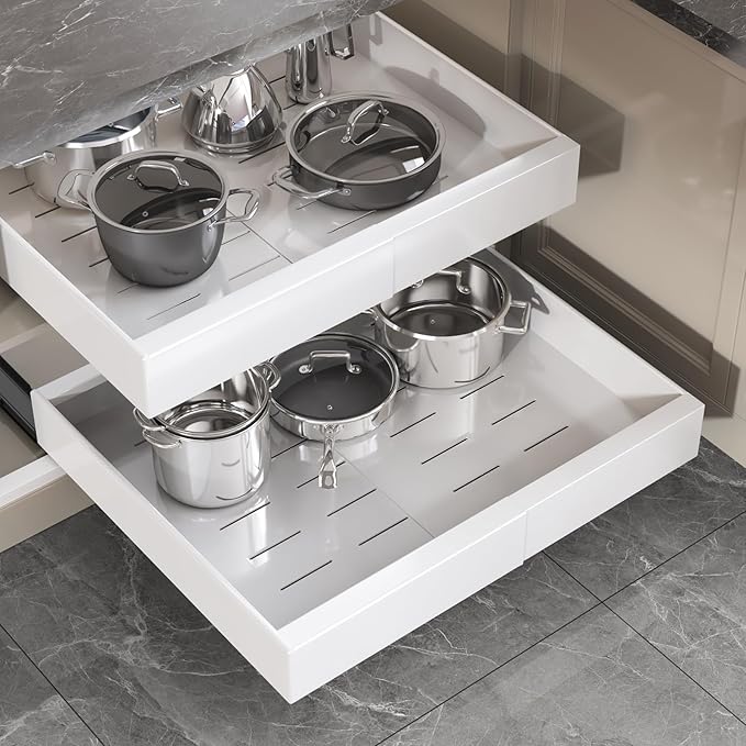 2 Pack Pull Out Cabinet Organizer 19" Deep,Full Extension 3 Slide Rails Slide Out Drawers With Raising Pad for Framed Cabinets,Expandable Width (12.3"-20.5"),No Drill Roll Out shelf,White