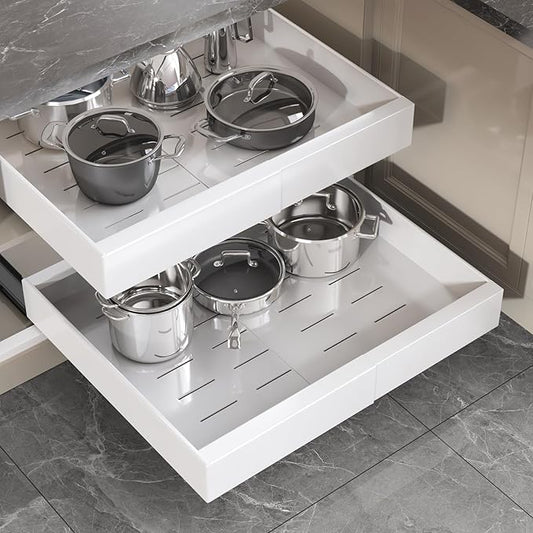 2 Pack Pull Out Cabinet Organizer 19" Deep,Full Extension 3 Slide Rails Slide Out Drawers With Raising Pad for Framed Cabinets,Expandable Width (12.3"-20.5"),No Drill Roll Out shelf,White