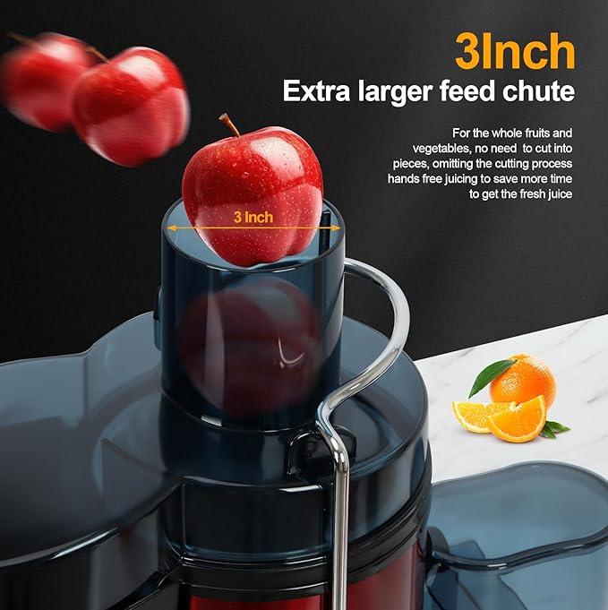 Panana Centrifugal Juicer Extractor with Wide Mouth 3” Feed Chute for Fruit Vegetable, Easy to Clean, Stainless Steel, BPA-free (Red)