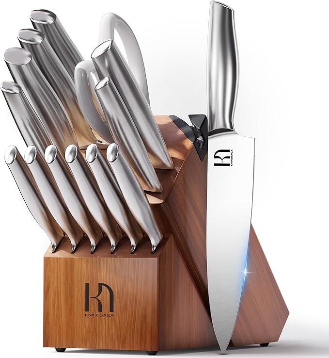 Kitchen Knife Set 14 Piece Premium Japanese High Carbon Stainless Steel Knife Block Sets with Built-in Sharpener, Razor Sharp Knives Set for Kitchen, Quality Acacia Wood Block Knife Set