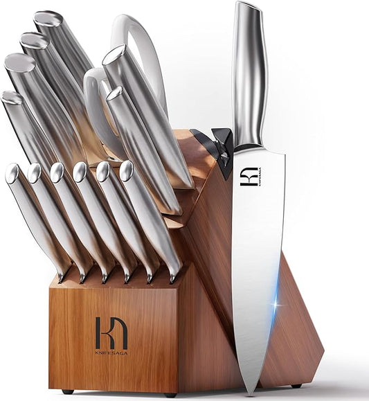 Kitchen Knife Set 14 Piece Premium Japanese High Carbon Stainless Steel Knife Block Sets with Built-in Sharpener, Razor Sharp Knives Set for Kitchen, Quality Acacia Wood Block Knife Set