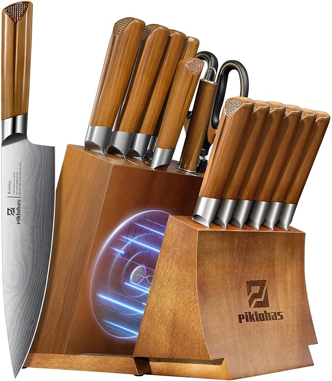 Kitchen Knife Sets With Block, Piklohas 15 Pieces Knife Sets With Magnetic Detachable Knife Holder, High Carbon Steel Damascus Pattern Chef Knife Set With Steak Knives, Ideal For House Warming Gift