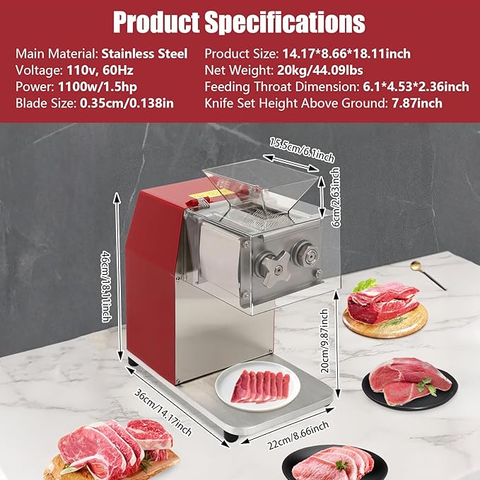 1100W 110V Electric Meat Cutter, Commercial Meat Slicer Dicer Shredder Chopper Stainless Steel Boneless Meat Processor with 0.35cm Blade for Restaurant Kitchen Supermarket Beef Pork Chicken