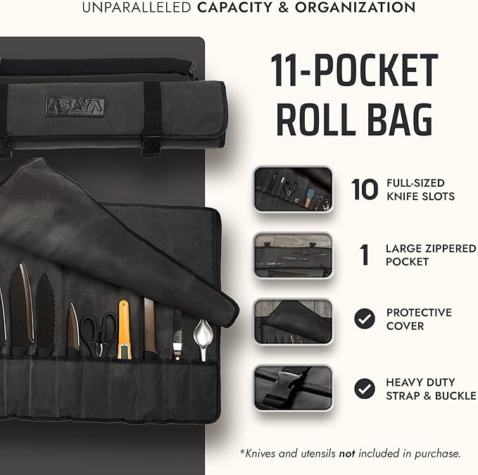 Asaya Canvas Chef Knife Roll Bag - 10 Knife Slots and a Large Zipper Pocket - Durable 10oz Canvas Knife Case with an Adjustable Shoulder Strap - Knives not Included