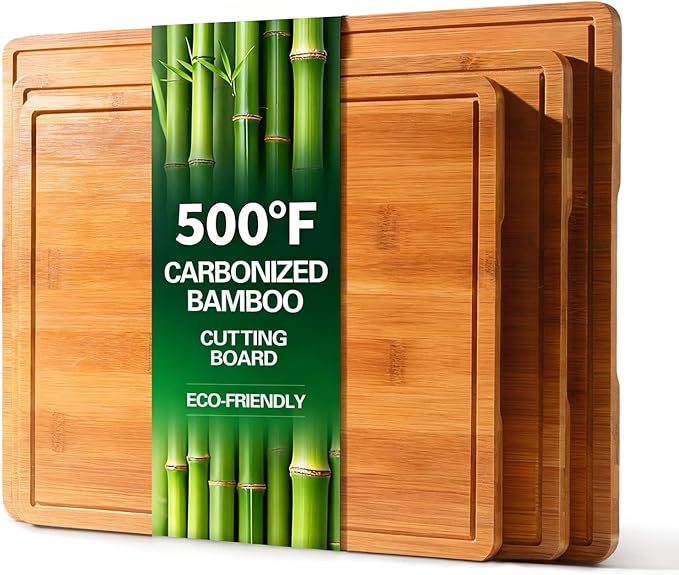 Zarler Bamboo Cutting Boards for Kitchen, 3 Piece Durable Wood Cutting Board with Juice Grooves and Handles, Wooden Chopping Board Set for Meal Prep, 500℉ Carbonized Bamboo, Ideal Kitchen Gift