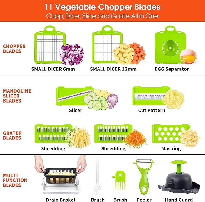 Multifunctional Vegetable Chopper & Slicer - 13 in 1 Food Chopper With 8 Blades, Dicer, Cutter for Onions, Carrots, Garlic & More - Container Included