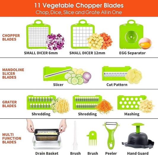 Multifunctional Vegetable Chopper & Slicer - 13 in 1 Food Chopper With 8 Blades, Dicer, Cutter for Onions, Carrots, Garlic & More - Container Included
