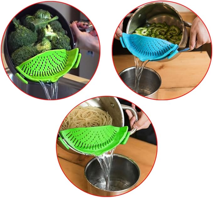 Snap Strainer, DaKuan 2 Packs of Hands-free Clip-on Heat Resistant Colander Pour Spout for Pasta Vegetable Noodles Pot bowl Pan