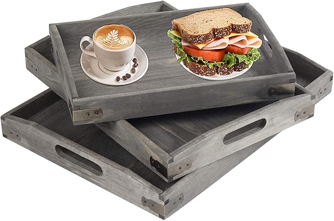 Owlgift Vintage Grey Wood Serving Trays with Brass Metal Wrap Accents, Set of 3