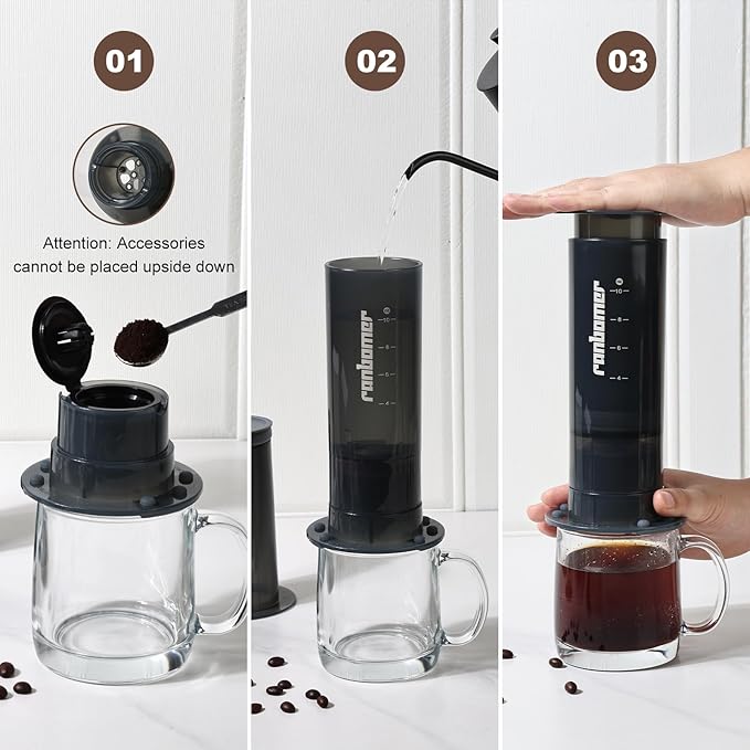 Ranbomer French Press Coffee Maker, 2-in-1 Single Serve K Cup Compatible, Portable Coffee Machine for Ground Coffee, Black, 10 Oz Capacity, for Camping, Travel