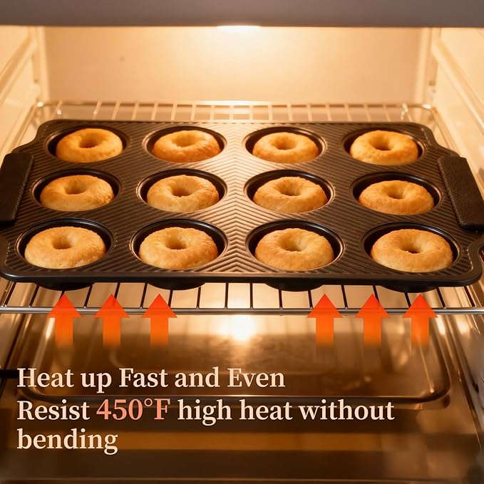 Kikcoin 2 PCS Stackable Baking Pans Set, Non-stick Bakeware Sets with Silicone Handles, 450°F Oven Safe Muffin & Donut Pan for Baking, Easy Release Heavy-duty Baking Sheets Non Stick, Black