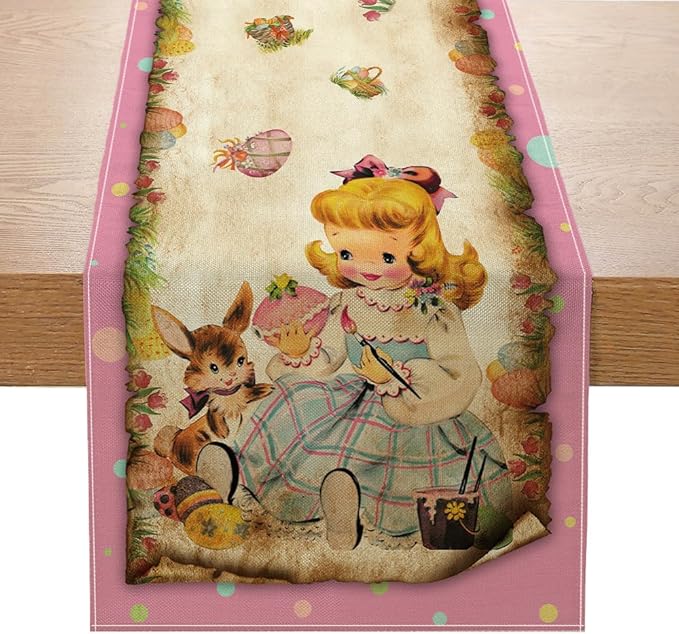 Vintage Easter Table Runner Easter Decorations - Pink Vintage Style Rabbit and Girl Happy Easter Spring Home Kitchen Dining Table Decor, Spring Party Decorations 13x72 Inch
