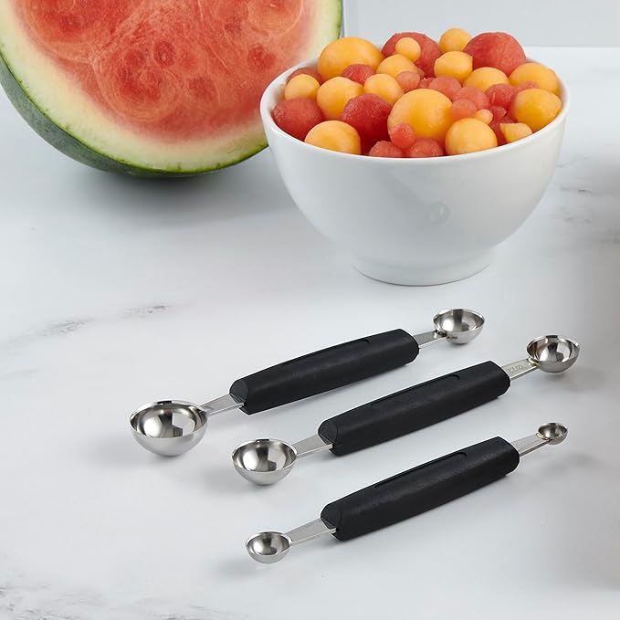 Cat Cora Melon Baller, Professional 18/8 Stainless Steel Dual Blades 22/25-Millimeter For Melon Balls and Garnishes, Ergonomic Soft-Grip Handle