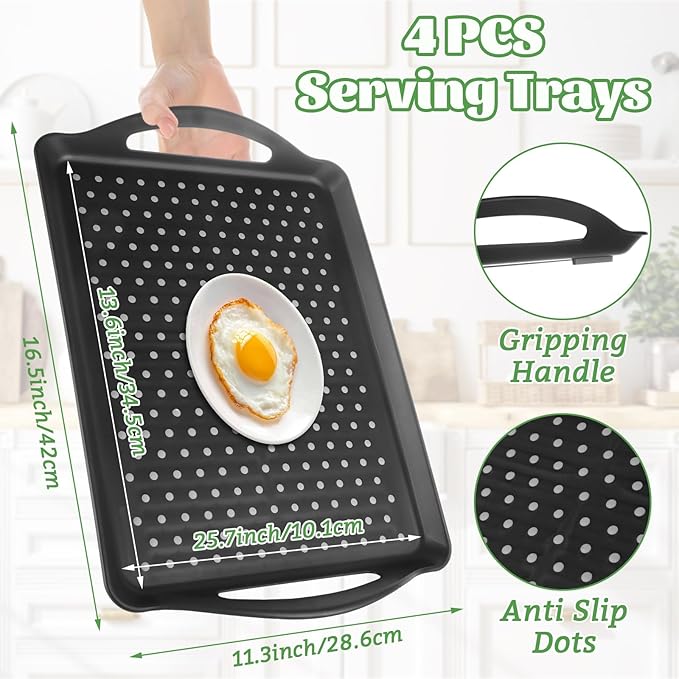 4 PCS Non-Slip Plastic Serving Trays with Handles Black Grill Prep Trays for Prep Carry Rectangular Plastic Food Tray for Serving Food, Snack,Breakfast Drink(16.5x11.4x1.6 inch)