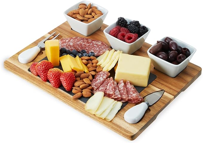 Twine Acacia & Slate Cheese Board Set - Charcuterie Board Bowls and Knives - Slate Cheese Tray Wood Cheese Board - 7-Piece Set of 1, Brown