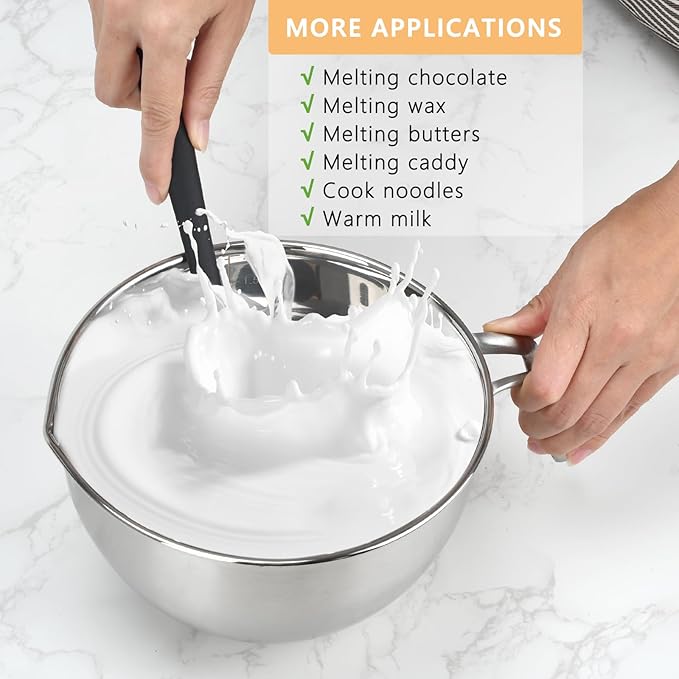 3PCS Double Boiler Pot Set, 1250ML/1.1QT Mixing Bowl with Scale 2200ML/ 2QT Stainless Steel Heating Pot with Silicone Spatula for Cheese Chocolate Candy Candle Soap Wax Melting (1250ml+2200ml)