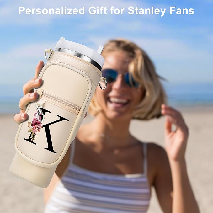 LOKASS Personalized Water Bottle Holder with Strap for Stanley Cup Accessories 40 oz Tumbler, Initial Water Bottle Carrier Bag/Phone Pocket, Mother's Day/Birthday Gifts for Women/Girls