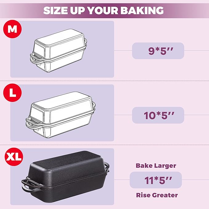Vanderlume 11x5 Inch Cast Iron Loaf Pan with Lid, Large Dutch Oven Bread Loaf Pan for Sourdough, Homemade Bread Baking, Even Heat Distribution, 5.8Qt
