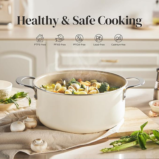Redchef Ceramic Stock Pot with Lid, Soup Pot for All Stoves, 5 Qt Induction Cooking Pot for Soup Nonstick, Even Heating, Stay-Cool Handles, Oven/Dishwasher Safe, PTFE PFAS Free (Beige)