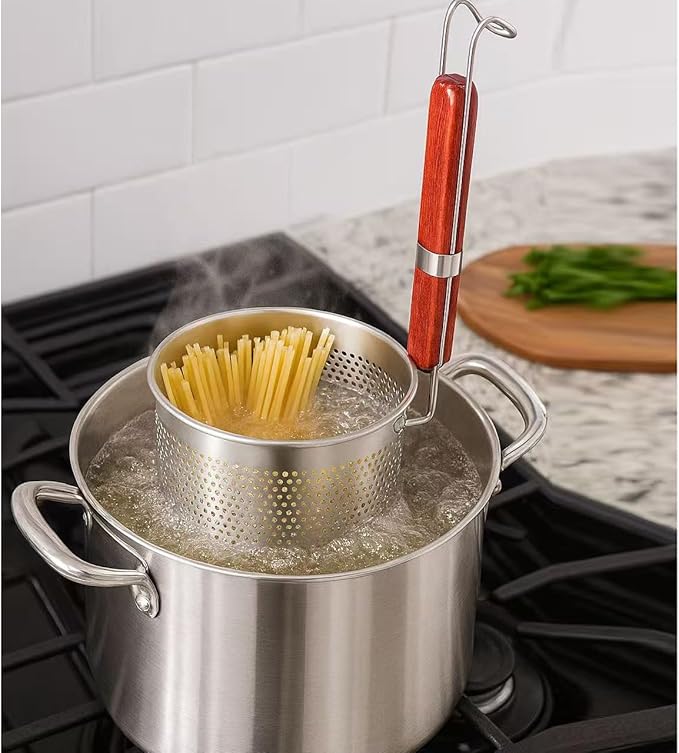 3PCs Mesh Pasta Basket Food Strainer Insert For Pot, Colander with Round Wooden Handle Stainless Steel Mesh Spider Strainer for Pasta Noodles Dumpling Vegetable