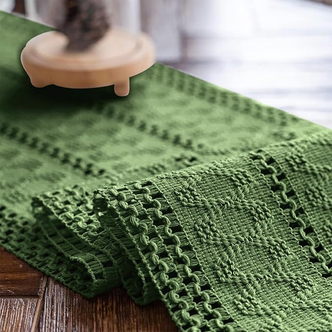 Alynsehom Macrame Table Runner Green Boho Table Runners with Tassels Hand Woven Cotton Table Runner Rustic Farmhouse Table Runners for Bohemian Kitchen Dining Table(12x60in)